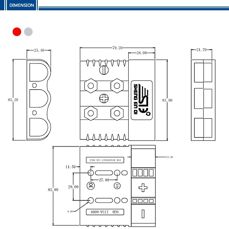 175A 600V power connector dimension drawing